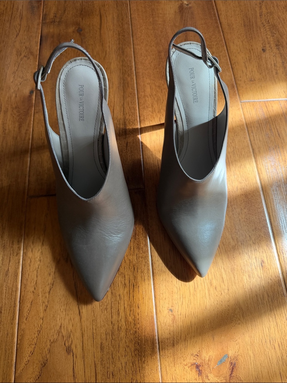 Pour La Victoire Taupe Pointed Slingback Heels